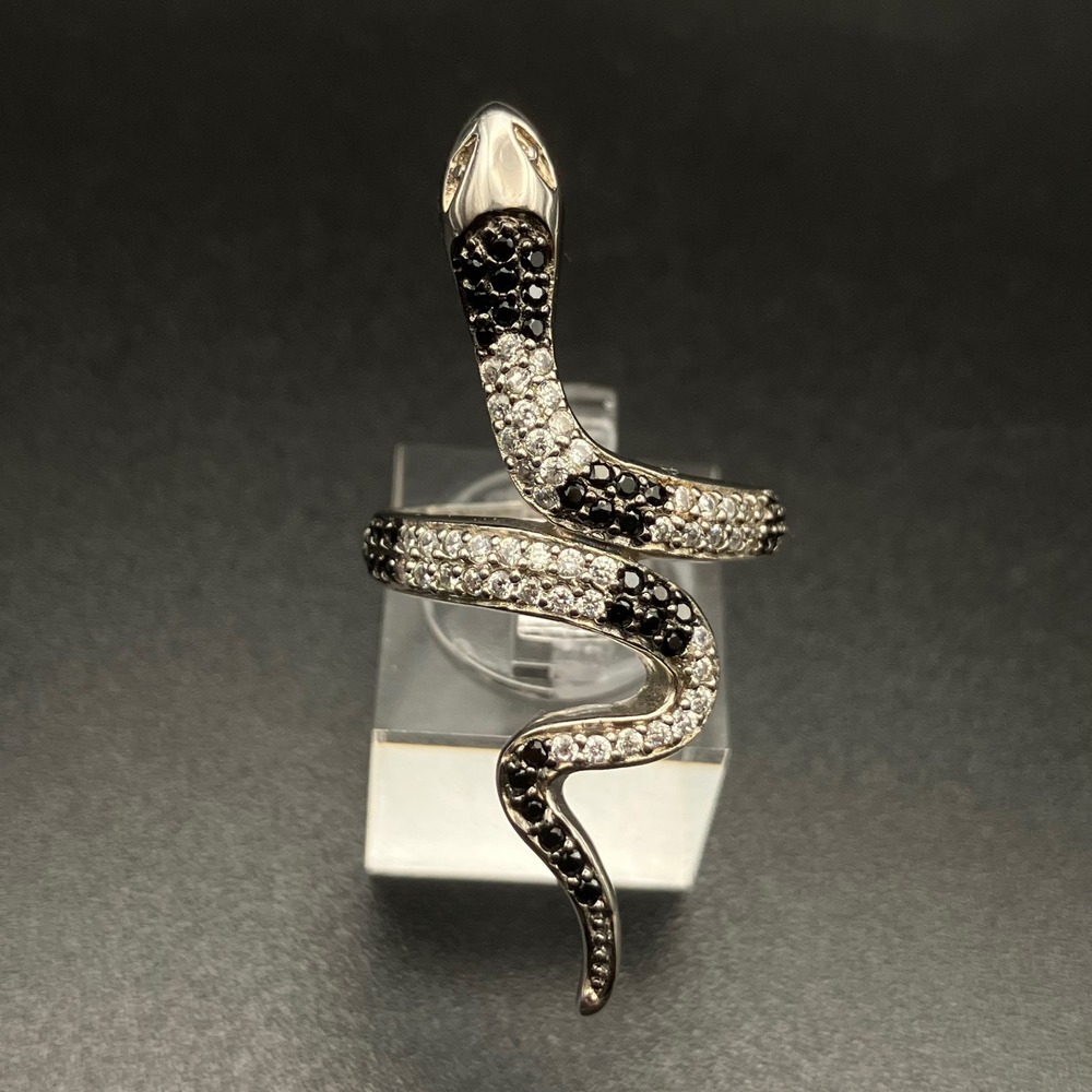 Sterling Silver Snake Ring Silver Black Clear Stone CZ Wrap Bypass 7.5
